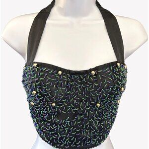 Vintage Victorias Secret Gold Label Black Beaded Halter Top Sz M Y2K Maximalist